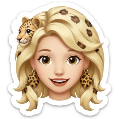 Une fille blonde et joyeuse. Elle porte une coiffure rock et originale avec 3 pinces pour cheveux  léopard et motif peau de vache. sticker