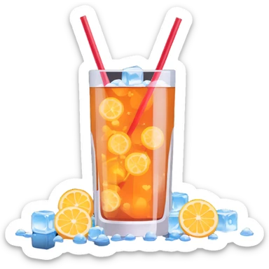 hyper-realistic 3D illustration of a glass of soda with ice cubes and a straw, showing clear reflections and bubbles sticker