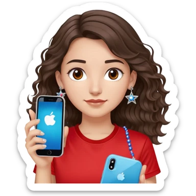 brunette girl with wavy medium length hair, brown eyes, light/medium skin tone, holding iPhone and light phone, wearing red Adidas t-shirt, small silver hoop earrings with blue gem stars, and a different colorful beaded charm necklace sticker