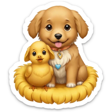 Un perrito con un pollito arriba sticker