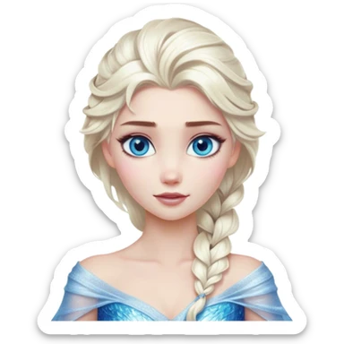 Cinematic Realistic Elsa Portrait, depicted with lifelike skin texture, soft natural lighting, and intricately detailed platinum blonde hair styled elegantly. Her striking, expressive blue eyes exude confidence and grace, complemented by a serene and regal expression. She is dressed in her signature icy attire, with shimmering fabric textures and delicate folds that catch the light beautifully. The portrait features a soft, enchanting glow with a cool, radiant finish, capturing the essence of timeless elegance in a realistic and painterly style, evoking a sense of depth and authenticity. sticker