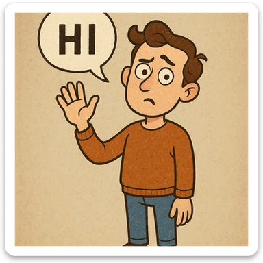 Edit the character to wave with an open hand, add a speech bubble saying 'HI', and adjust his expression and body language to look questioning with a raised eyebrow and tilted head. Keep the original style and background as in the reference image. sticker