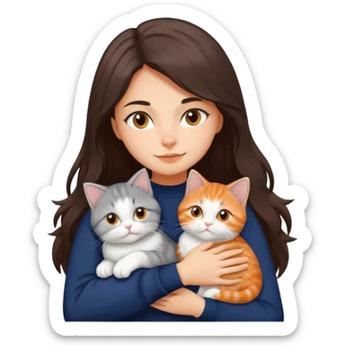 a girl with long dark brown hair, in a navy sweater, hugs a persian peaknose grey cat and persian peaknose orange and white kitten and a persion peaknose brown tabby and white cat sticker