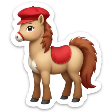 A cute pony (horse) emoji, full body, standing in side view, wearing a stylish red beret. sticker