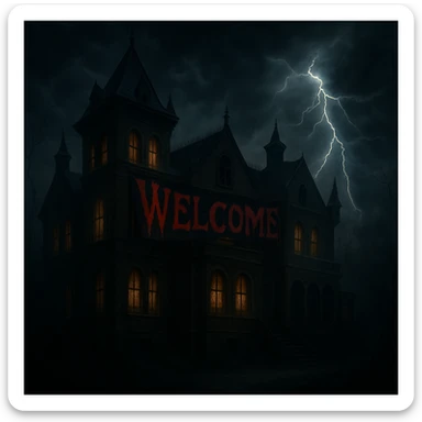 Add the word 'Welcome' in creepy, horror-themed text, integrated into the old mansion banner. The text should blend with the aged, haunted mansion look, evoking a spooky feeling. sticker