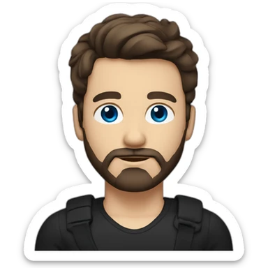 White man with a slight sun kissed tan, blue eyes and dark brown hair. He has a beard and mustache trimmed. Wears black clothing and wears his hair styled sideways backwards. sticker