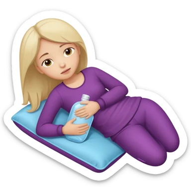 A girl, lying on her side suffering from menstrual cramps, has a hot water bottle on her stomach. sticker