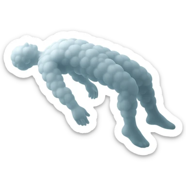 side view of unconscious person flying with torso upwards and legs and arms downwards, made of small very bright white fluffy convex clouds, matte glass style sticker