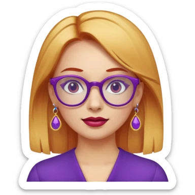 fai una signora con i capelli sia biondi che rossi con gli occhiali viola pieni di orecchini sticker