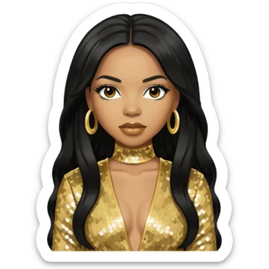 Tenitra Michelle Williams, R&B Singer from Destiny's Child with long black hair, gold sequin outfit, medium dark skin sticker