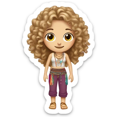 Caucasian hippie girl with curly dirty blonde hair, hazel eyes, baggy colorful pants and a tank top, lots of bohemian bracelets and jewelry sticker