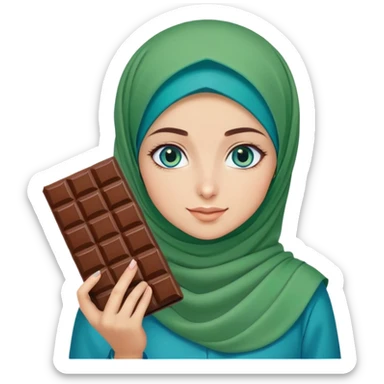 Turkish beautiful finish Konya girl blue eyes with green and blue hijab islamic dress and had on her hand Dubai chocolate  sticker