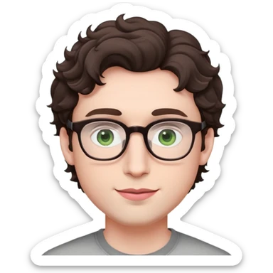 Young man with dark brown slightly wavy poofy hair (just a bit of curl, not too curly), green eyes wearing glasses, wide face with eyes set apart, bigger ears, very pale skin, slightly bigger nose, fuller darker pink lips with a smile, and very light stubble sticker