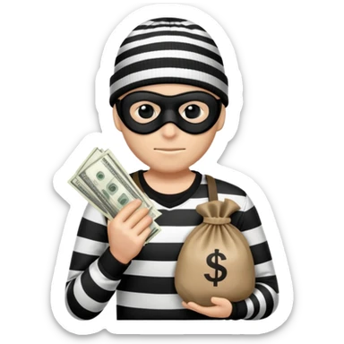 burglar with black and white striped shirt, black beanie, black mask over eyes, holding a moneybag sticker