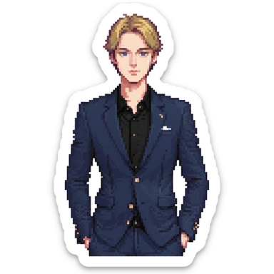Flat pixel art, focused and reserved male thinker, fair skin, short sleek sandy hair, intense sharp eyes, wearing a deep indigo suit jacket over a black shirt, left hand thoughtfully touching chin, waist-up, front-facing sticker