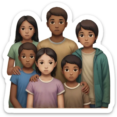 Two young children (a boy and a girl), along with four older siblings (three girls and one boy) in their late teens or early twenties. The older boy is an adult, while the others are still in their youth. They are portrayed as living in tough conditions, facing hardships together but maintaining a sense of family unity sticker