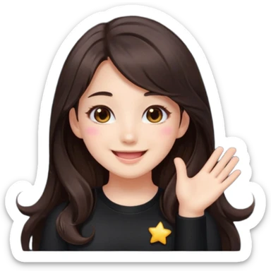 kawaii streamer girl, brunette, brown eyes, long dark hair, black outfit, smiling, sparkling eyes, blushing cheeks, happy expression, small stars around, emoji icon sticker