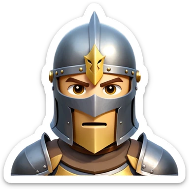 clash-of-clans-aesthetic_-cinematic-fearsome-and-majestic-knight-bust-portrait-emoji, rendered in a flat, vector-style with minimal shading and bold, simplified shapes, depicting a battle-ready medieval knight with steely eyes and intricate armor, mounted on a warhorse reflecting sunlight over a misty battlefield. sticker