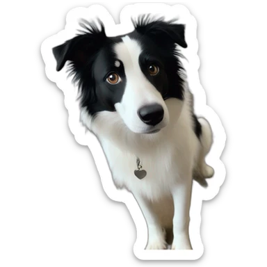 white and black dog with dark eyes happy  short hair mixed breed as border collie 2 years old with sticker