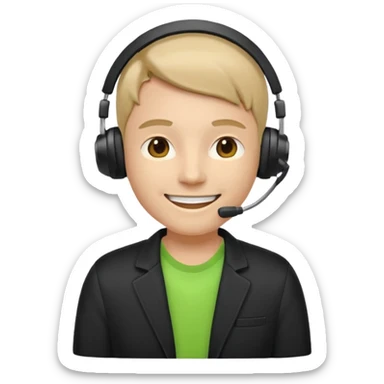A modern flat emoji depicting a call center employee wearing a light green T-shirt and black jacket, with a headset, a friendly expression, a minimalist design, bright colors, and a white or transparent background. sticker