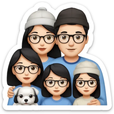 Mom black hair with glasses, Dad black hair with cap, Daughter black hair with glasses, white Dog sticker
