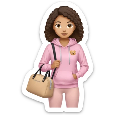Mixed-race athletic woman with caramel skin, wearing baby pink hoodie and leggings, carrying a beige gym bag sticker