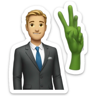 a man in a suit with a single palm raised sticker