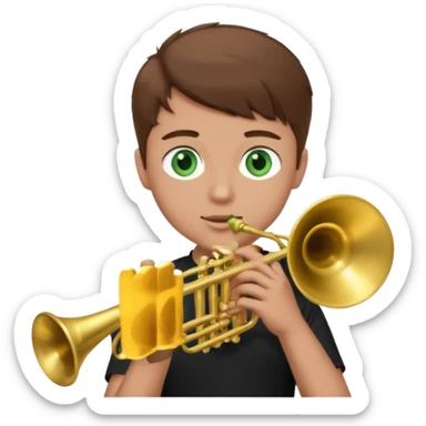 young man with brown hair that goes up, green eyes who plays a trumpet, black t shirt sticker