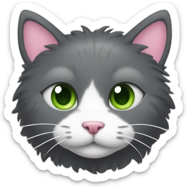 fluffy dark grey cat with pink nose with small grey spot on the right side of the nose, white circle spots near the nose, green eyes and white long whiskers sticker