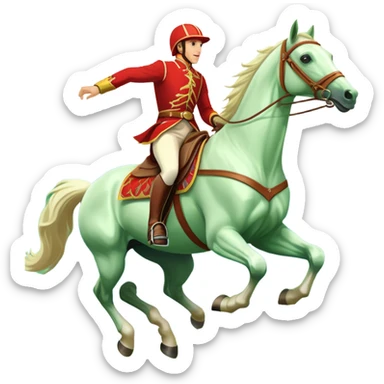 An icon showcasing a majestic horse and rider in full gallop across a lush green field. The background features a clear sky, distant mountains, and a vibrant landscape. The rider wears traditional gear, while the horse leaps with grace and power. Transparent background sticker