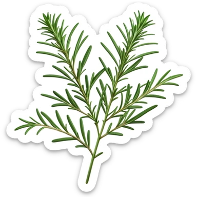 Cinematic Realistic Rosemary Emoji, Fragrant and fresh, with slender green stems covered in needle-like leaves, which release a distinctive herbal scent. The plant seems to exude energy, with soft sprigs of leaves stretching upwards. Soft glowing outline, capturing the essence of earthy healing and aromatic delight in a sprig of rosemary! sticker