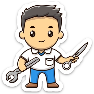 A Ukrainian man in a white embroidered shirt holds a spanner in one hand and scissors in the other sticker