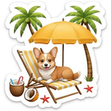 a corgi dog laied on a beach chair, a sunny beach, a sun umbrella, and beach coconut trees. the icon should capture the essence of a relaxing beach vacation with a carefree atmosphere sticker