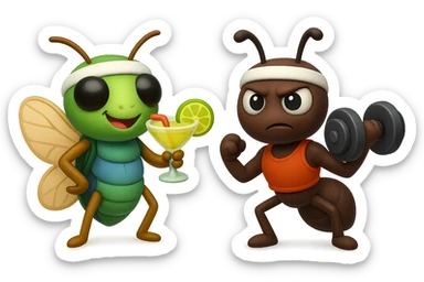 EMOJI STILE IPHONE 3D DI UNA CICALA E UNA FORMICA IN ABITI FITNESS, LA CICALA HA IN MANO UN COCKTAIL MENTRE LA FORMICA HA IN MANO UN MANUBRIO DA PALESTRA. L'IMMAGINE RAPPRESENTA IL FATTO CHE LA FORMICA VOGLIA IMPEGNARSI REALMENTE PER CAMBIARE IL SUO FISICO MENTRE LA CICALA SI VUOLE DIVERTIRE E NON CONCLUDE NULLA ALLA FINE sticker