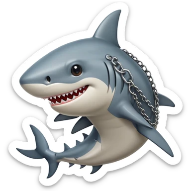 Anthropomorphic shark without head fins, wearing a gambeson and chainmail coif with messy black hair smiling sticker