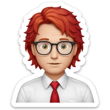 white man in white shirt, having red tie, red wavy hair, wearing glasses sticker
