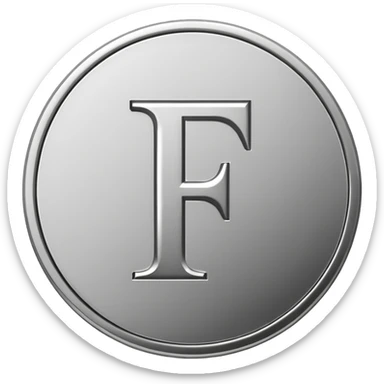 Emoji icon of a metal coin with engraved letter F, minimalist style, isolated, only black color sticker