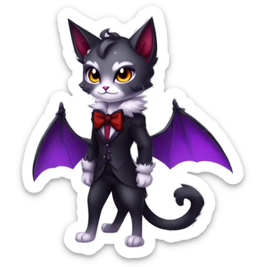 Anthro-Cute-Edgy-Vampiric-Batty-Cat-Black-Purple-Red-Grey-White-Yellow-Contrast-Colors-Fantasy-Fur-Sona-Chibi-Shiny-Fakémon-Hybrid with horns and big fangs collar bow ties leg spats full body sticker