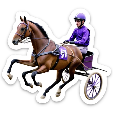 A high-speed harness racing scene featuring a powerful brown trotting horse. The sulky, a lightweight two-wheeled cart, is painted in black and attached to the horse’s harness. A driver, dressed in purple, is seated in the sulky, gripping the reins tightly and wearing a purple helmet with goggles. sticker