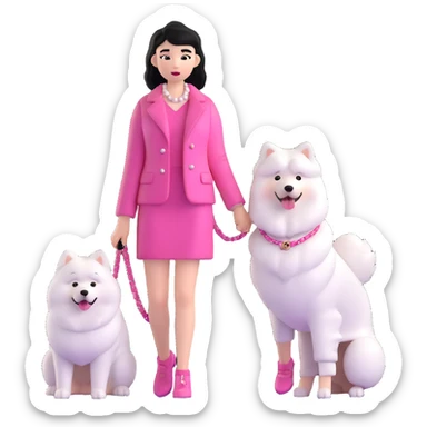 black-haired girl in pink Chanel style outfit with white Samoyed dog sticker
