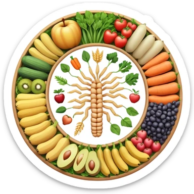 Dietary fiber concept with whole grains, fruits, vegetables and legumes arranged in a circular pattern, with a stylized intestine in the center showing fiber passing through, surrounded by small arrows indicating movement and digestion sticker
