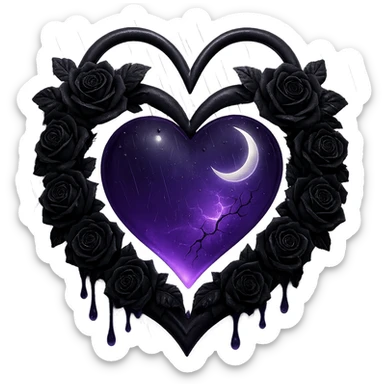 Make the black roses much more prominent and detailed, keeping the gothic heart, purple glass with a crescent moon, dripping effect, faint lightning in the background, misty rain, cracked glass with a glowing mist, in the style of 3D emoji style, with no background. sticker