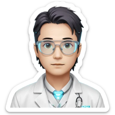 Cyberpunk scientist, Japanese male, high-tech glasses, glowing data reflection on lenses, lab coat collar, neural interface on temple, white neon lighting sticker