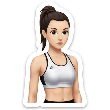 Melanie chisholm with a dark brown high ponytail wearing a sports bra and a track suit sticker