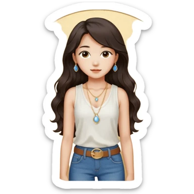 Stylish South Korean girl with long wavy dark hair, wearing a white textured sleeveless top, blue jeans, and a brown belt — soft lighting, cozy indoor vibe, a small, moonstone pendant necklace with a dainty gold chain adds a delicate touch sticker