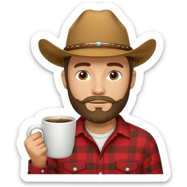 generate an ios genmoji of a 20 year old tan boy with a cowboy hat and side burn beard. Wearing a flannel and carrying a coffee mug sticker