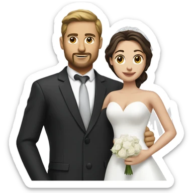 Brunette man with facial hair in a suit holding a brunette woman in a white wedding dress sticker