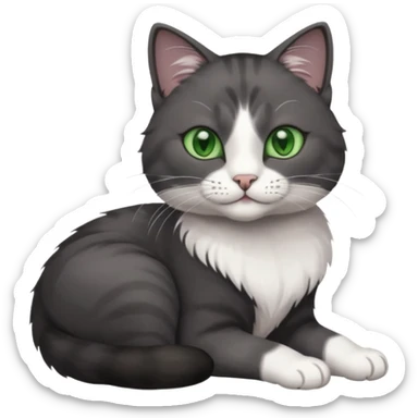 beautiful female solid dark grey cat with green eyes, white toes/paws and white patch on her chest rolling over sticker