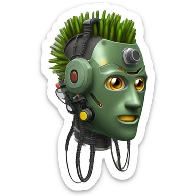 Olive green mohawk cyborg head with respirator mask and circuits sticker