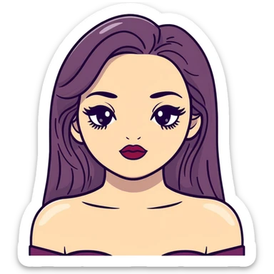 White girl with long oval face, huge round black eyes, big eyelashes, heather berry colored lips, shiny full lips, face closeup with bare shoulders, long straight middle-parted hair sticker